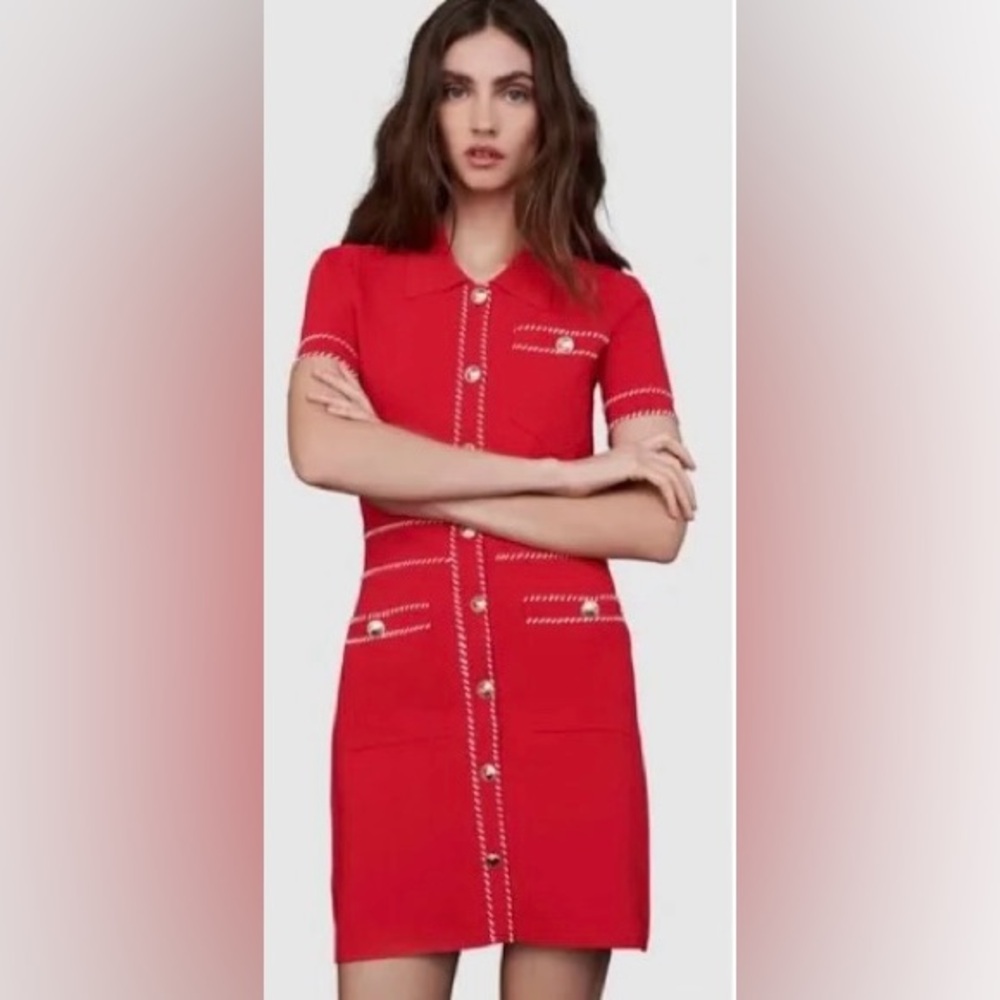 Maje red dress with white stitching